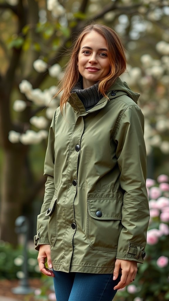 Une veste anorak légère vert olive suspendue à une clôture en bois, entourée de fleurs en fleurs.