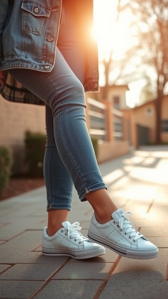 Une personne portant des baskets blanches légères et une veste en jean, debout à l'extérieur par une journée ensoleillée.