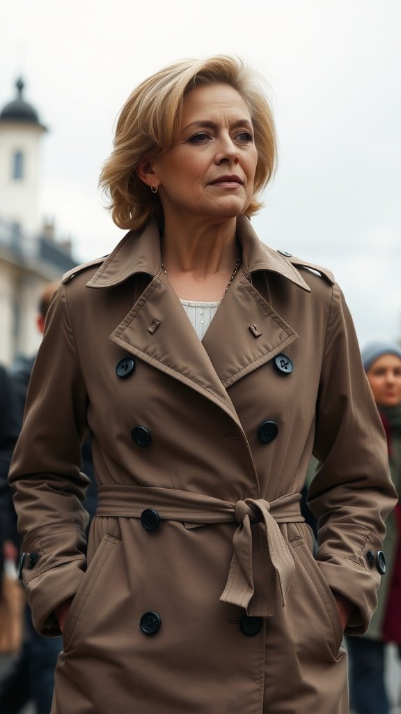 Un trench-coat beige léger suspendu à un support avec une écharpe grise, entouré de cerisiers en fleurs.