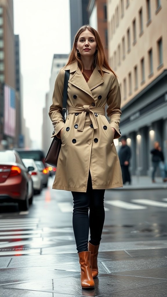 Une femme marchant dans une ville portant un trench-coat beige et des bottines marron.
