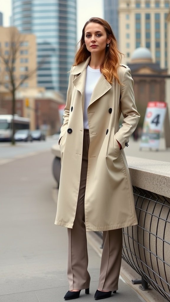 Une femme portant un trench-coat beige léger et un pantalon tailleur, posant avec confiance dans un cadre urbain.