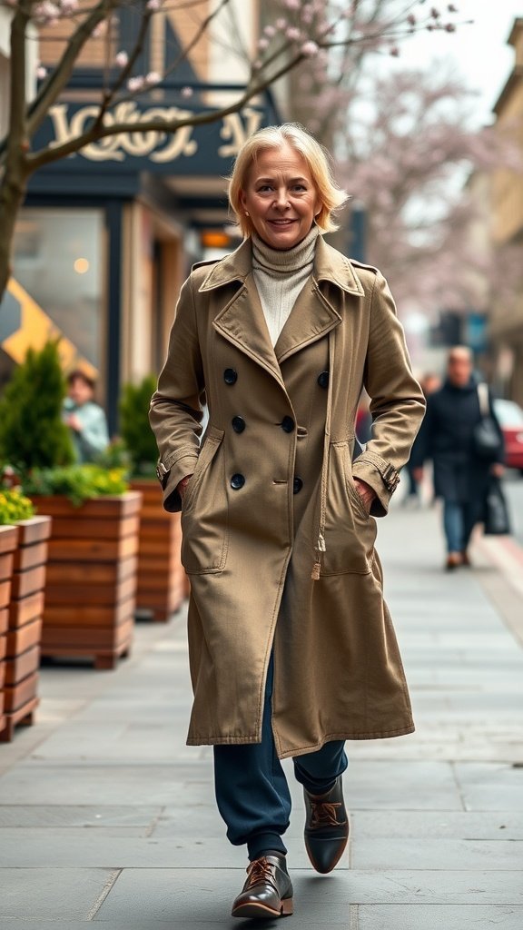 Une personne marchant dans un trench-coat beige léger, conçu pour le printemps.