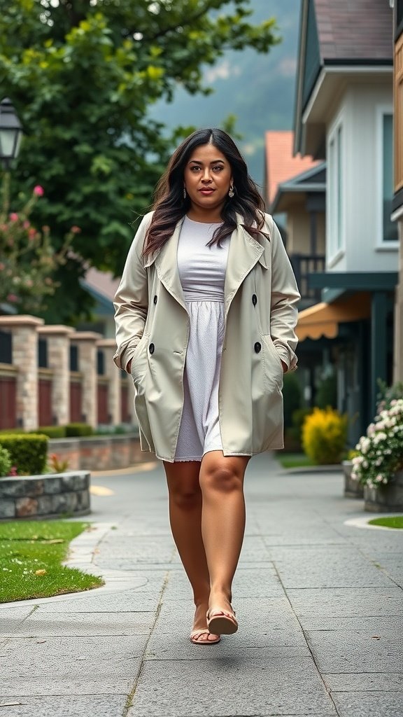 Une femme marchant avec assurance dans un trench-coat léger sur une robe pastel, entourée de verdure et de bâtiments modernes.