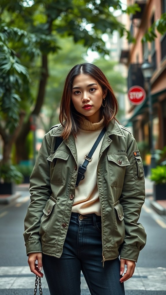 Une personne portant une veste utilitaire légère sur un pull et un jean, debout dans un environnement urbain.
