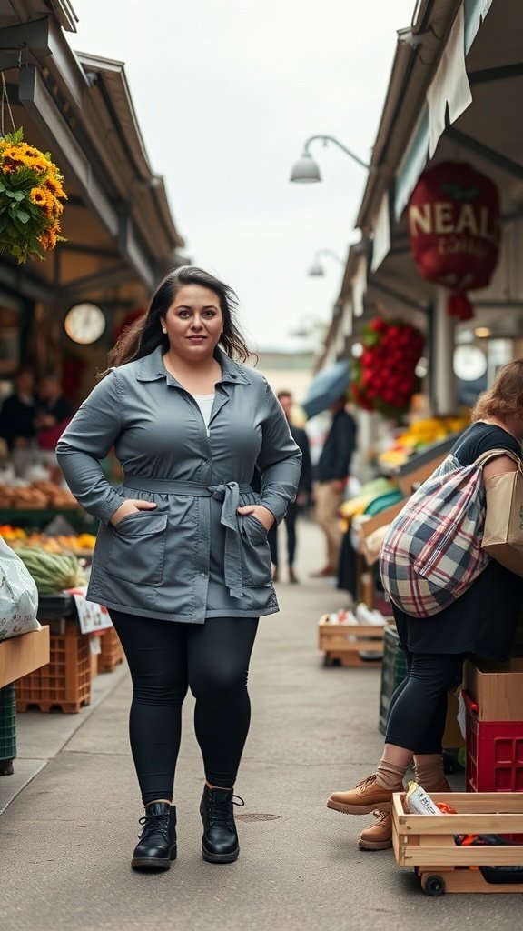 Une femme portant une veste utilitaire légère et des leggings se promenant dans un marché.