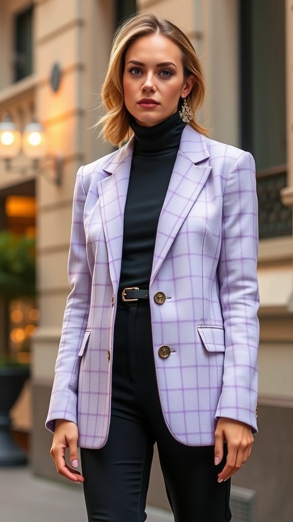 Un blazer à carreaux lilas suspendu à un cintre en bois avec des cerisiers en fleurs en arrière-plan.