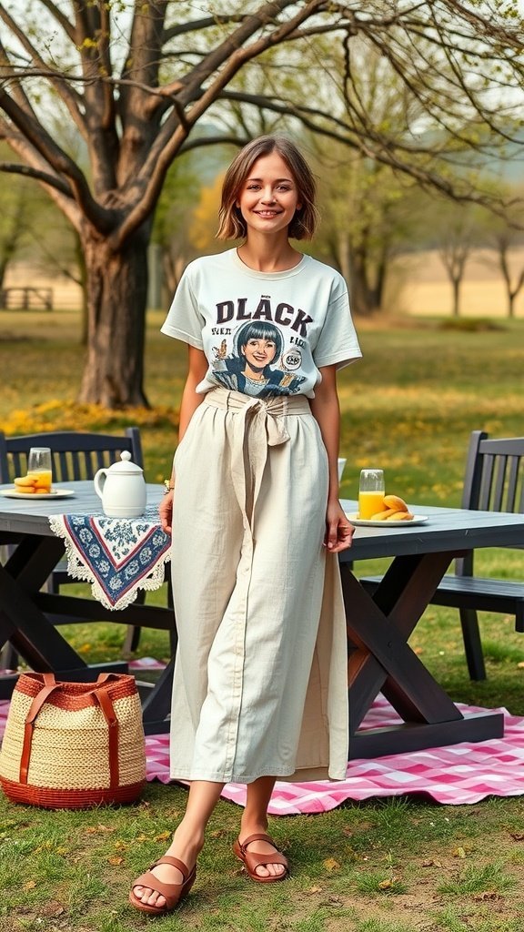 Une femme portant un t-shirt vintage et une jupe en lin, souriant à l'extérieur.