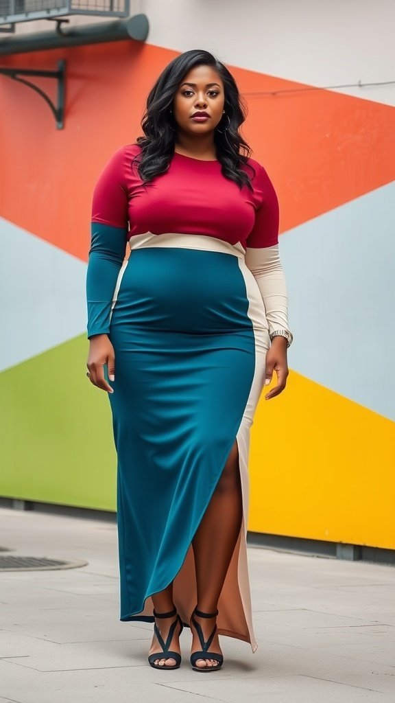 Une femme grande taille dans une robe à blocs de couleurs à manches longues, aux couleurs marron, bleu sarcelle et crème, debout sur un fond coloré.