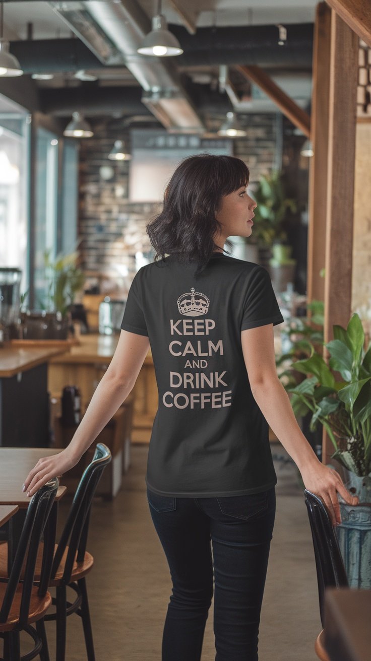 Une femme portant un t-shirt graphique noir sur lequel est écrit « RESTEZ CALME ET BUVEZ DU CAFÉ » dans un cadre de café chaleureux.
