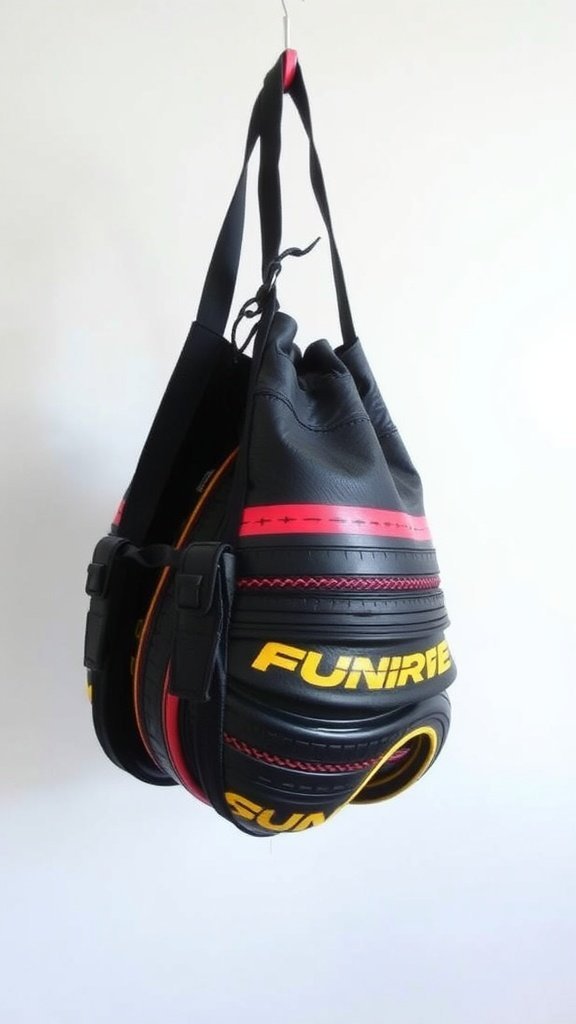 Une femme tenant un sac fabriqué à partir de chambres à air de vélo recyclées dans un décor urbain.