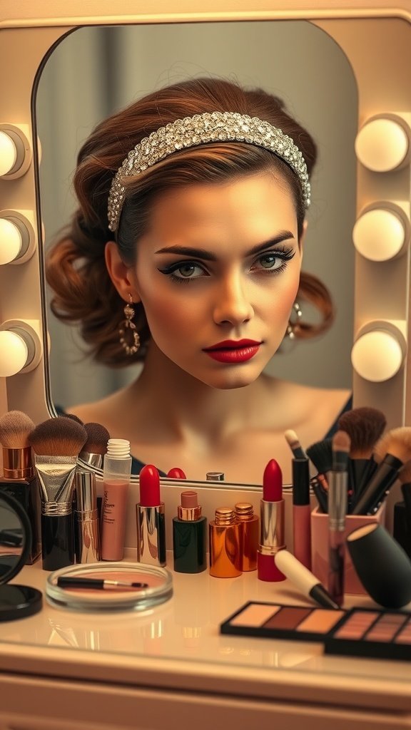 Une femme avec un bandeau métallique scintillant devant un miroir, entourée de produits de maquillage.