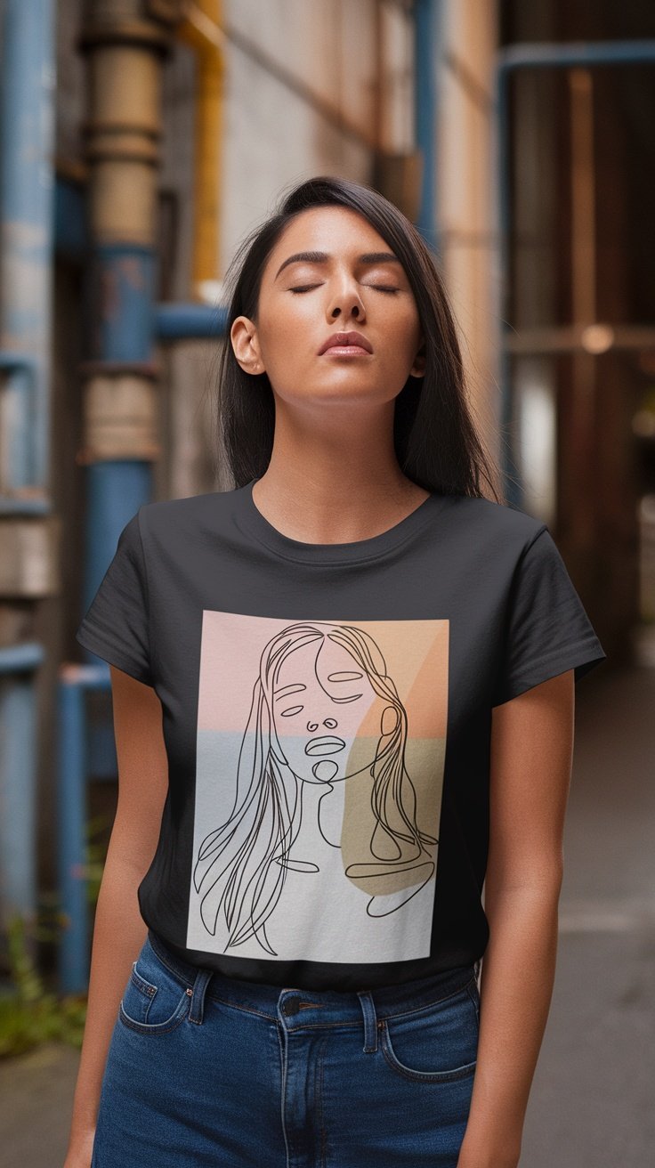 Une femme portant un t-shirt minimaliste au trait dans un cadre urbain, avec une expression détendue.