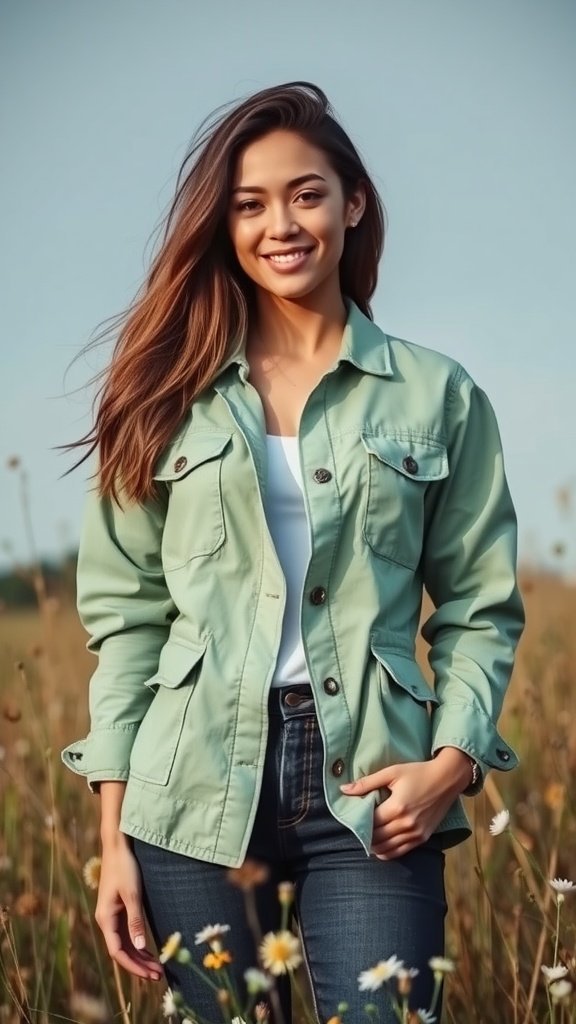 Veste utilitaire vert menthe posée sur de l'herbe avec des marguerites.