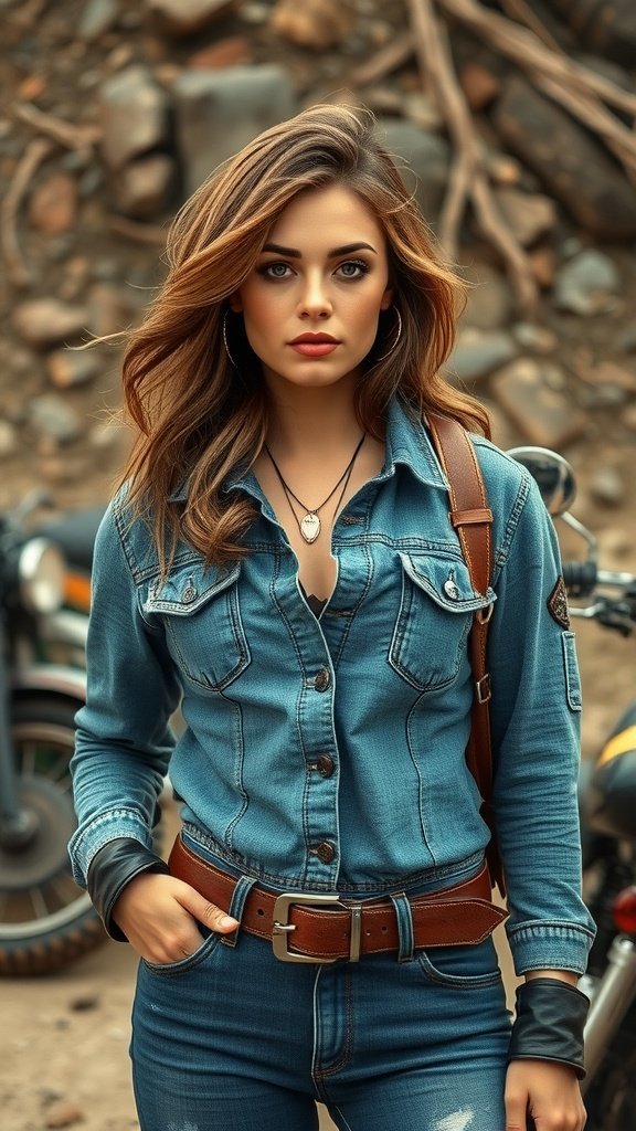 Une femme en tenue denim et cuir, présentant un look élégant avec un denim vintage.