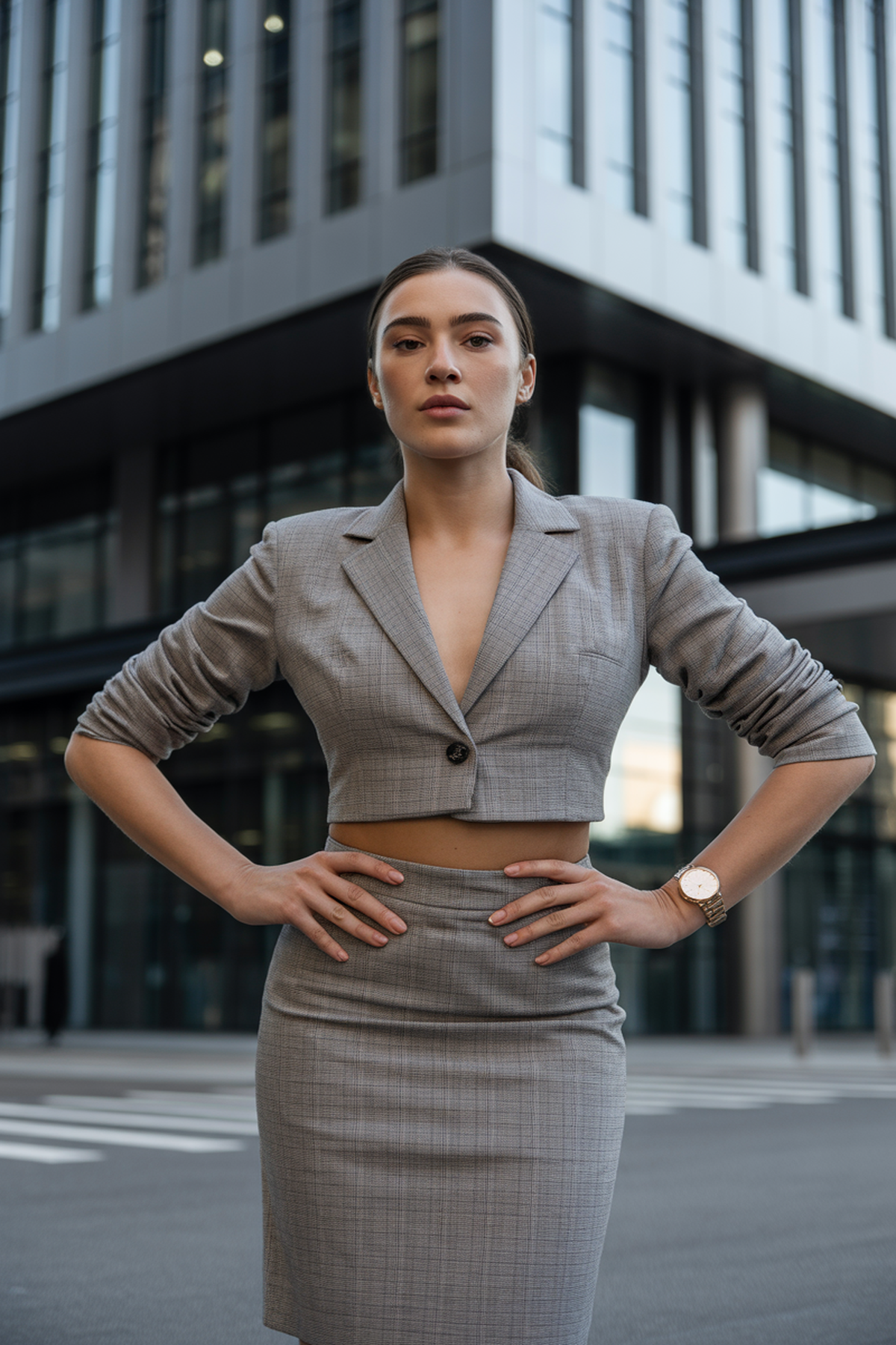 Blazer Cropped com Saia Lápis de Cintura Alta