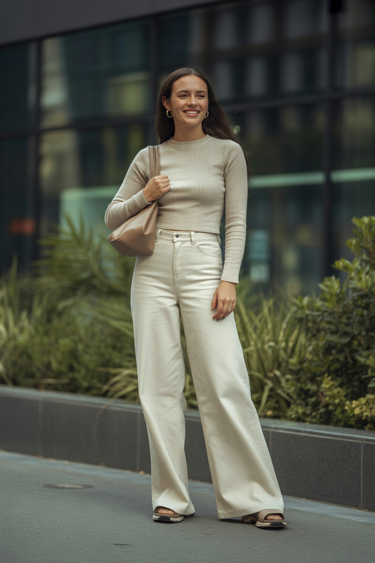 Calças de Perna Larga com Suéter Justo de Tricô