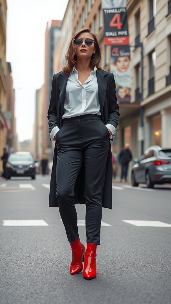 Une personne portant une tenue noire avec des bottes rouges, posant dans une rue de la ville.