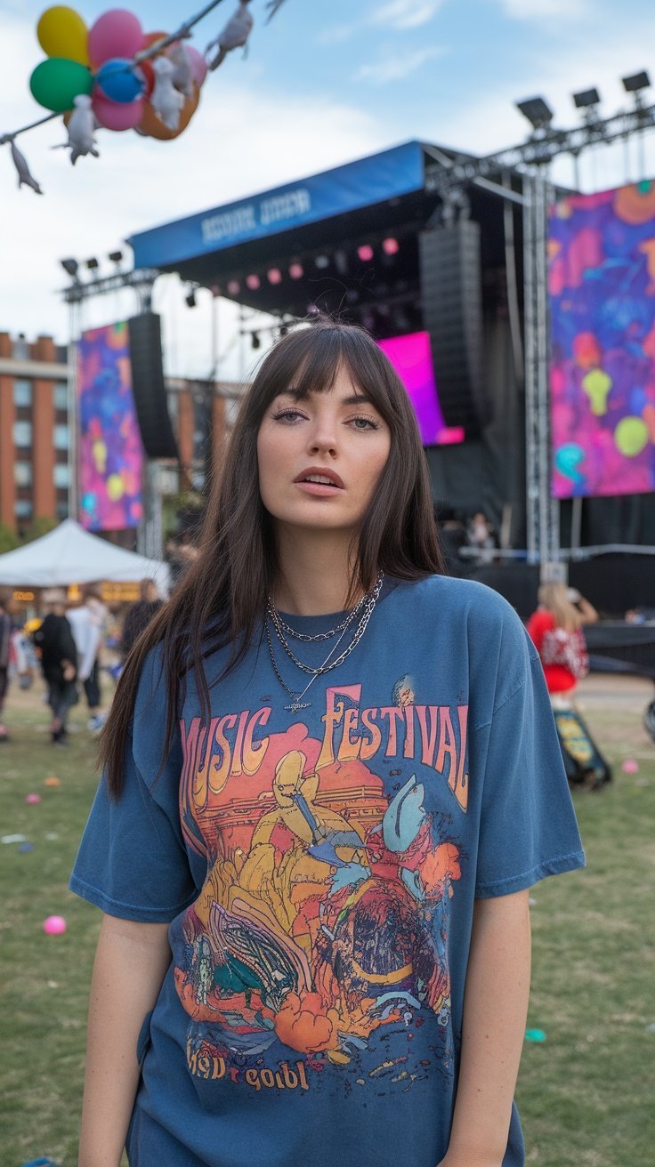 Une jeune femme portant un t-shirt graphique bleu avec « Music Festival » imprimé dessus, debout devant une scène de festival.