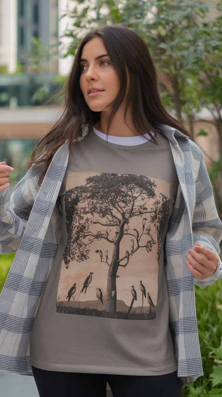 Modèle portant un t-shirt graphique inspiré de la nature avec un motif d'arbre et d'oiseaux, stylisé avec une chemise en flanelle.
