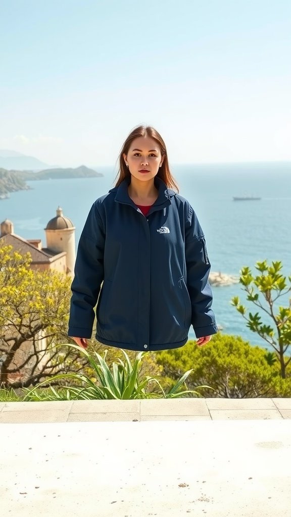 Une femme portant une veste légère bleu marine sur fond côtier.