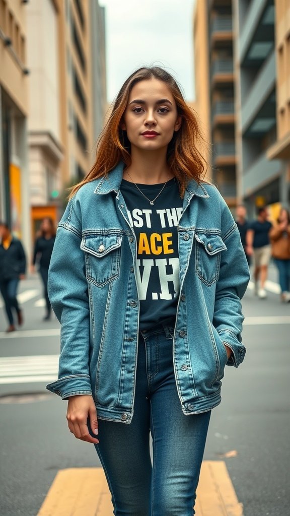 Une personne portant une veste en jean surdimensionnée et un t-shirt graphique debout dans une rue animée.