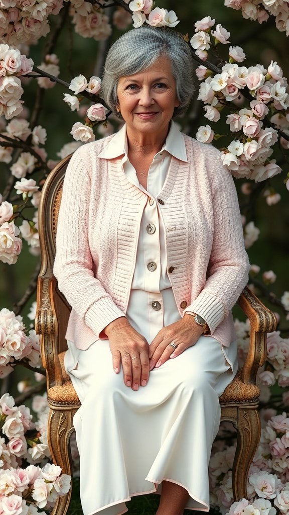 Une femme de plus de 50 ans portant un cardigan rose pastel, assise parmi des fleurs en fleurs, mettant en valeur le style printanier.