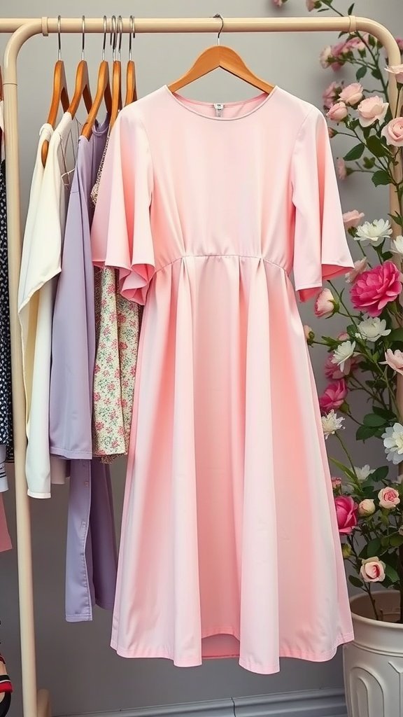 Une robe midi trapèze rose pastel suspendue à un support parmi d'autres robes.
