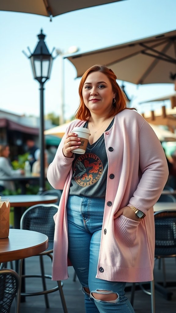 Une femme portant un cardigan rose sur un t-shirt graphique, tenant une tasse de café, debout dans un café.