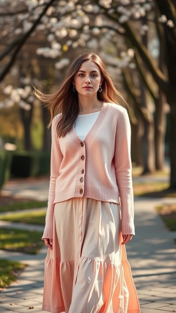 Une femme portant un cardigan pastel et une jupe midi, marchant dans un parc avec des arbres en fleurs.