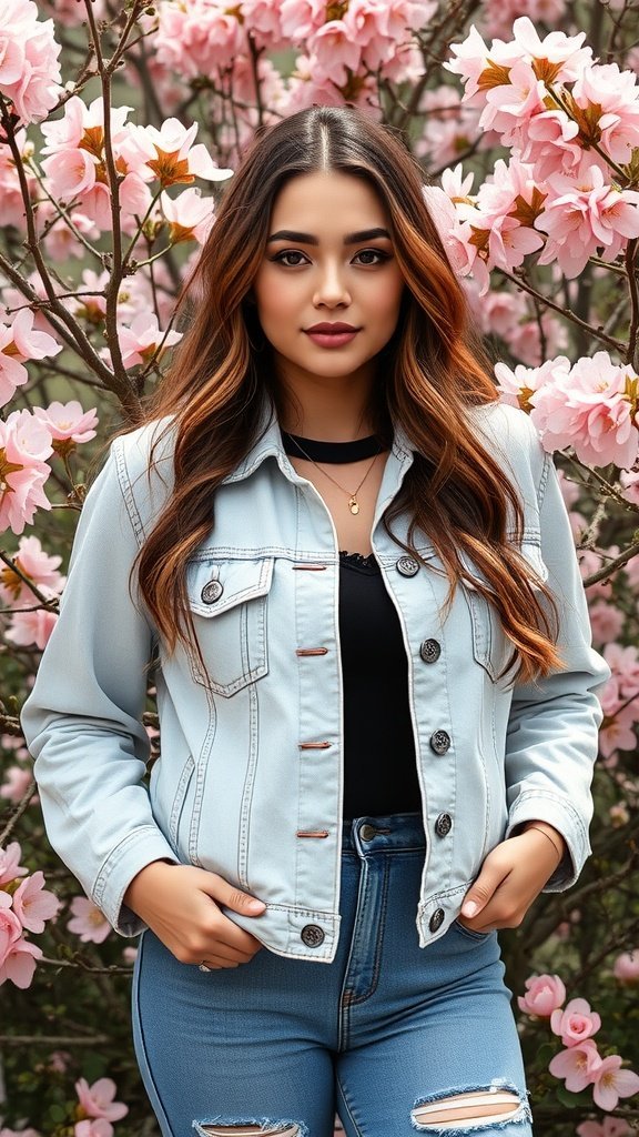 Veste camionneur en denim pastel exposée sur une chaise entourée de fleurs.