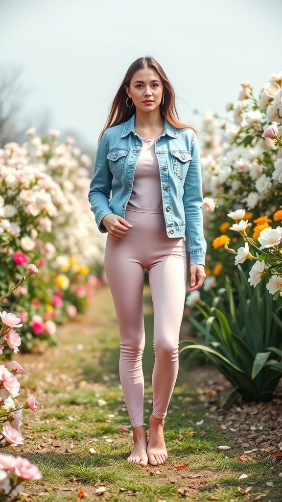 Une femme portant des leggings pastel et une veste en jean, debout dans un jardin fleuri.