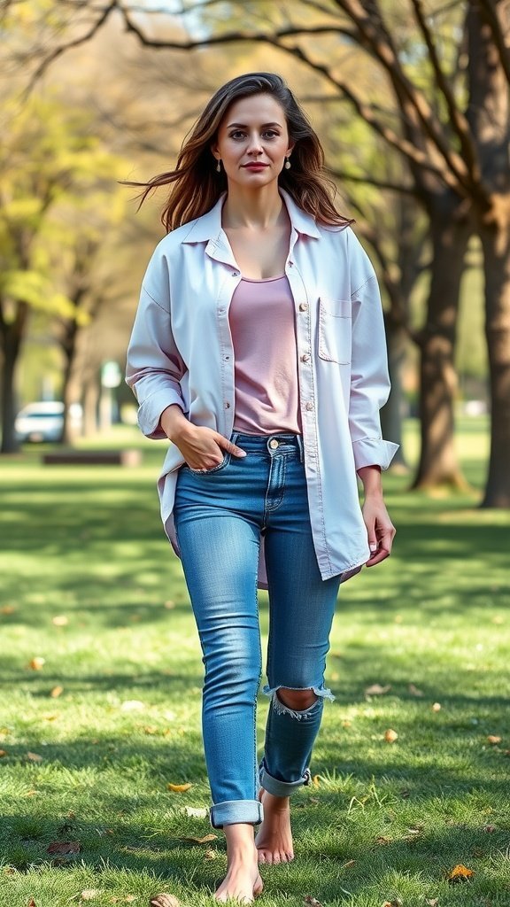 Un mannequin portant une chemise oversize pastel avec un débardeur et un jean skinny, marchant dans un parc.