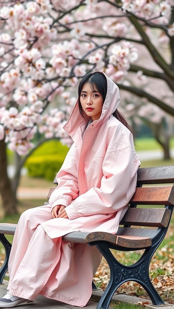 Une personne portant un coupe-vent léger rose pastel assise sur un banc avec des fleurs de cerisier en arrière-plan.