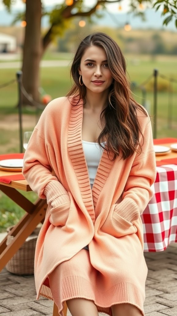 Une femme assise à l'extérieur portant un cardigan surdimensionné pêche, avec une ambiance décontractée et détendue.