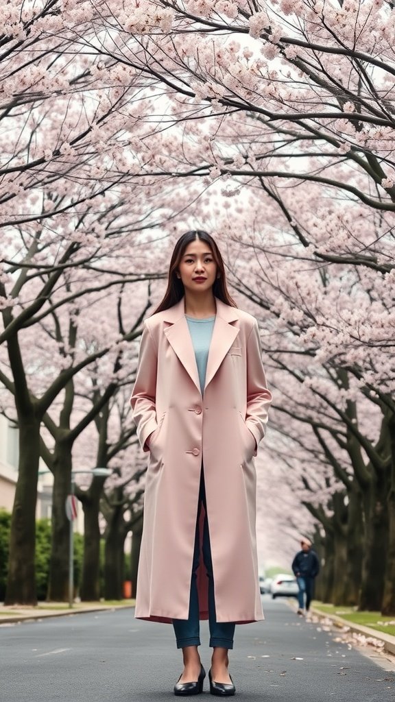 Une femme portant un blazer long rose pêche debout dans une rue bordée de cerisiers en fleurs.
