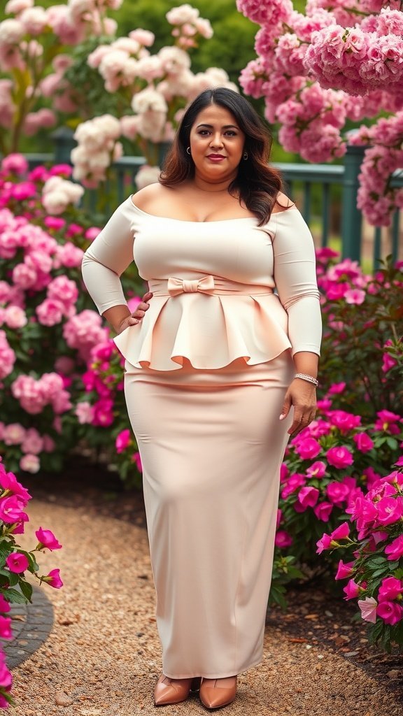 Mannequin portant un haut péplum pêche et une jupe taille haute, debout parmi des fleurs roses dans un jardin.