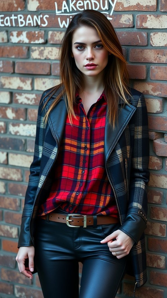 Un mannequin portant une chemise à carreaux rouge et noire sous une veste en cuir, associée à un pantalon en cuir et une ceinture marron, debout contre un mur de briques.