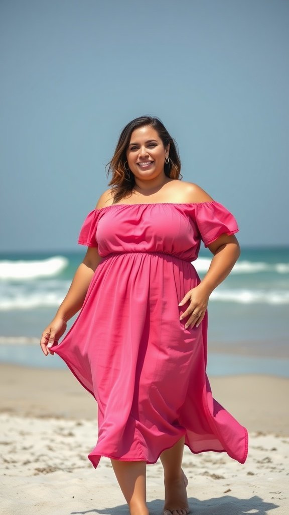 Une femme dans une robe rose ludique à épaules dénudées debout sur la plage avec des vagues en arrière-plan.