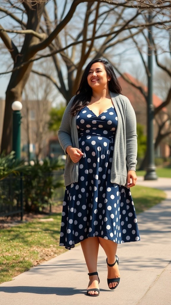 Une femme portant une robe patineuse à pois bleu marine et un cardigan léger, marchant dans un parc avec des arbres et un sentier.