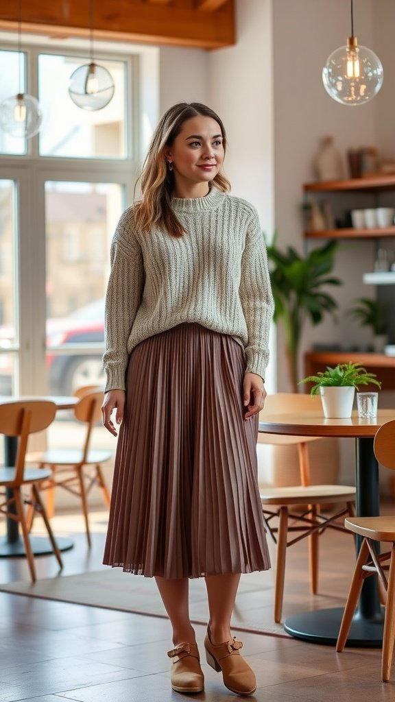 Une femme portant une jupe midi plissée et un pull en tricot dans un cadre intérieur chaleureux.