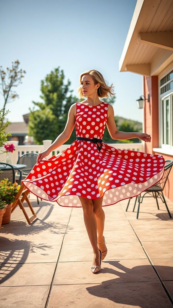 Une femme virevoltant dans une robe à pois rouges sur une terrasse ensoleillée