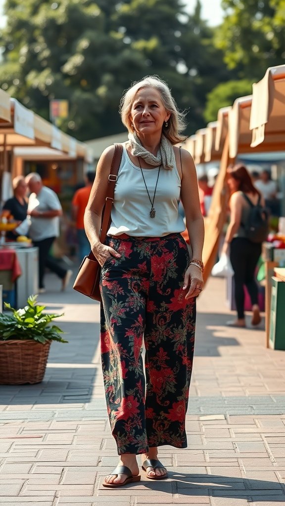 Une femme portant une culotte imprimée et un haut simple, marchant sur un marché.