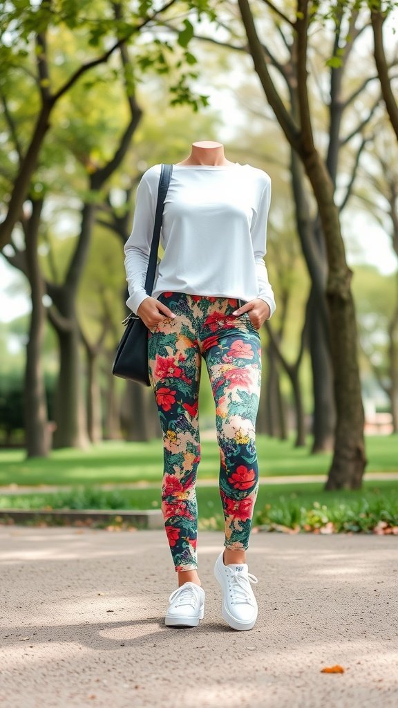 Une personne portant des leggings colorés à imprimé floral avec des baskets blanches et une chemise à manches longues, debout dans un parc.