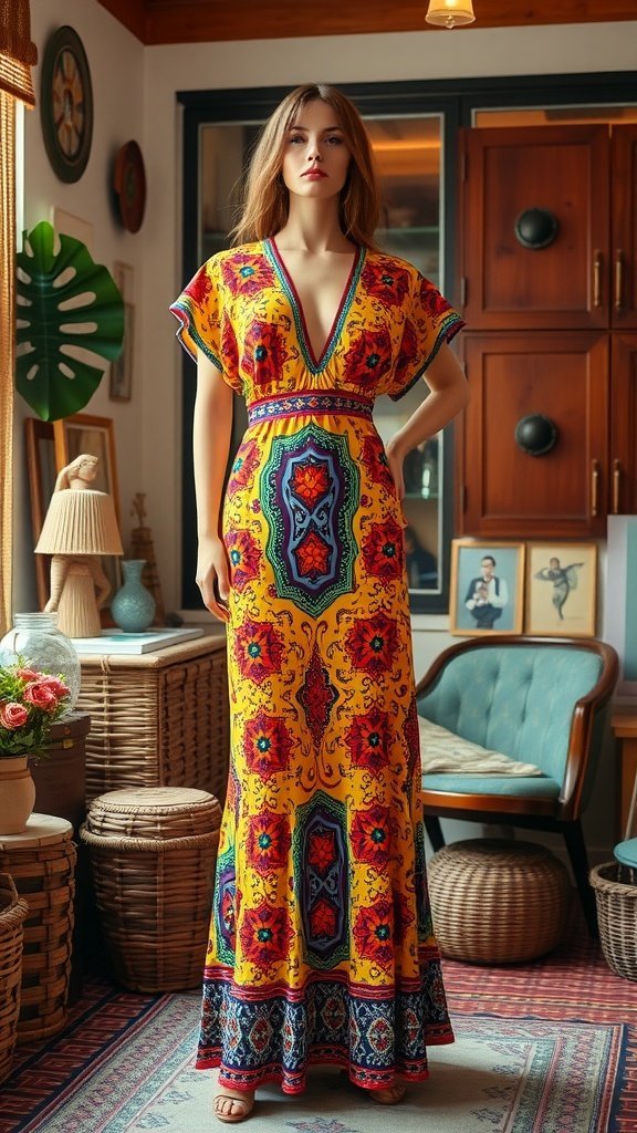 Un mannequin portant une robe longue rétro colorée des années 1970, debout dans une pièce confortable avec une décoration vintage.
