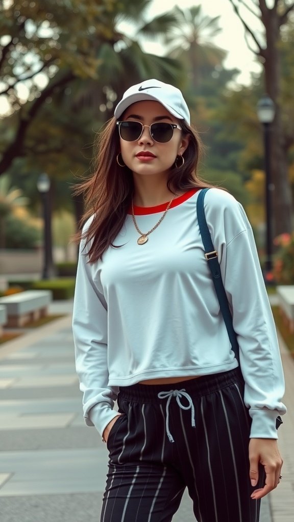 Une femme portant des vêtements de sport rétro avec un haut court blanc à manches longues, un pantalon de jogging rayé noir et blanc, une casquette Nike et des lunettes de soleil, posant dans un parc.
