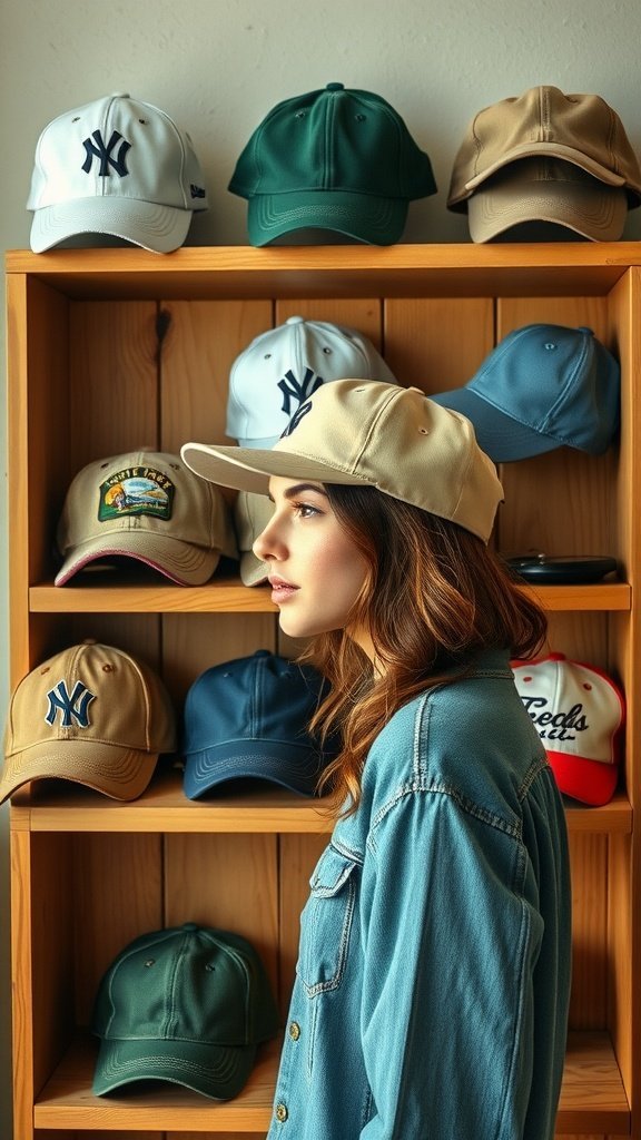 Une sélection de casquettes de baseball rétro exposées sur une étagère en bois avec une jeune femme les regardant.