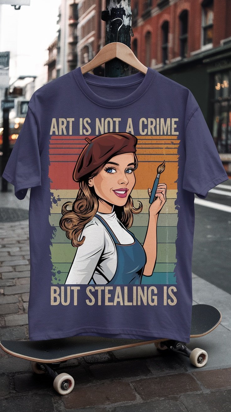 Un t-shirt de dessin animé rétro violet représentant une femme avec un pinceau et le texte « L'art n'est pas un crime mais le vol l'est ».