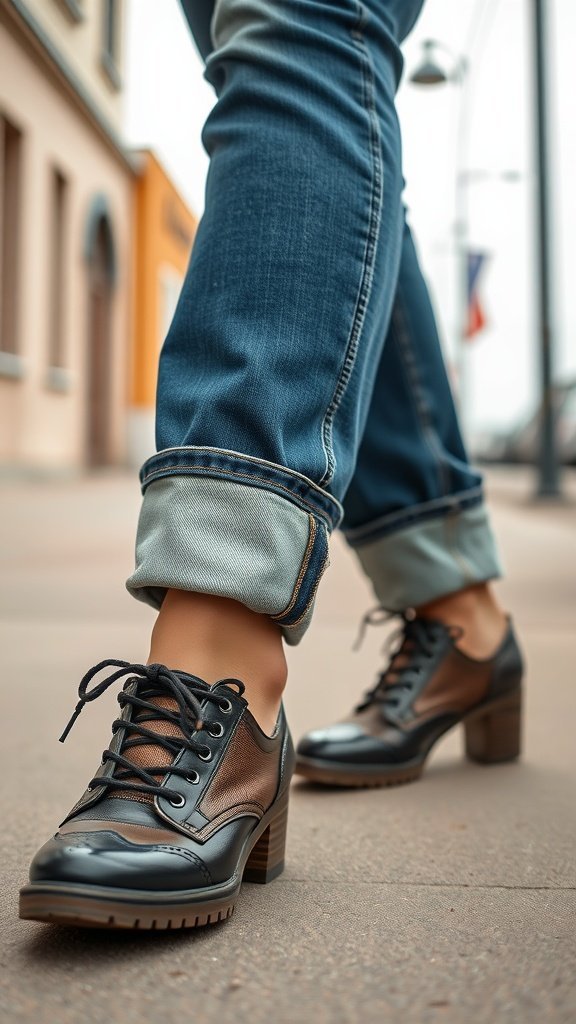 Vue rapprochée de revers en denim retroussés associés à des chaussures élégantes.