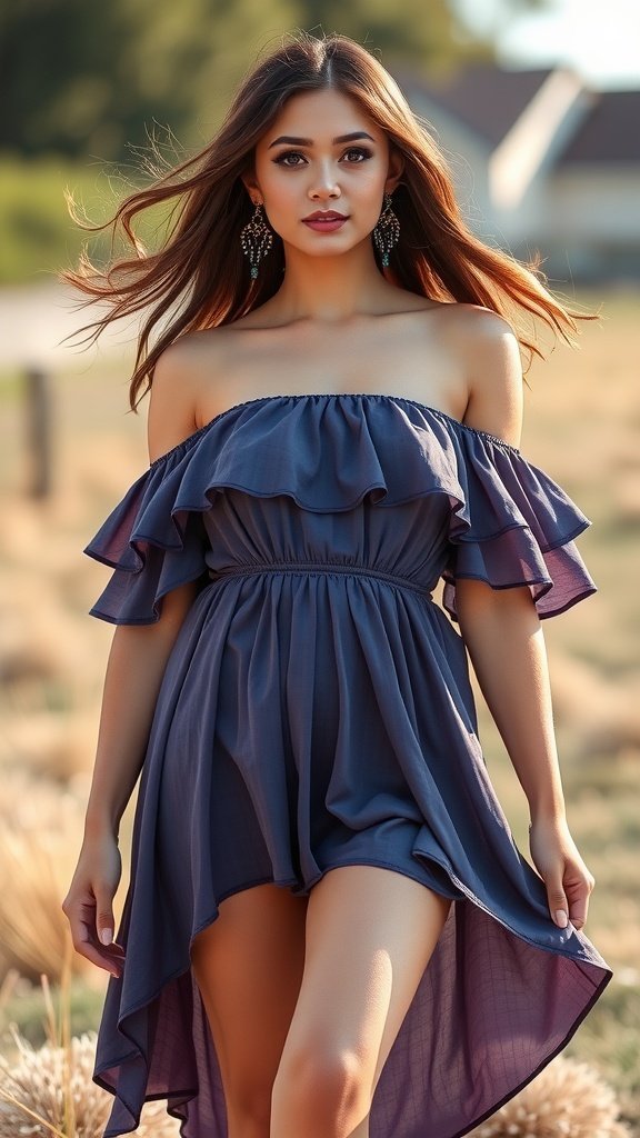 Une femme portant une robe à volants aux épaules dénudées, marchant dans un cadre extérieur ensoleillé