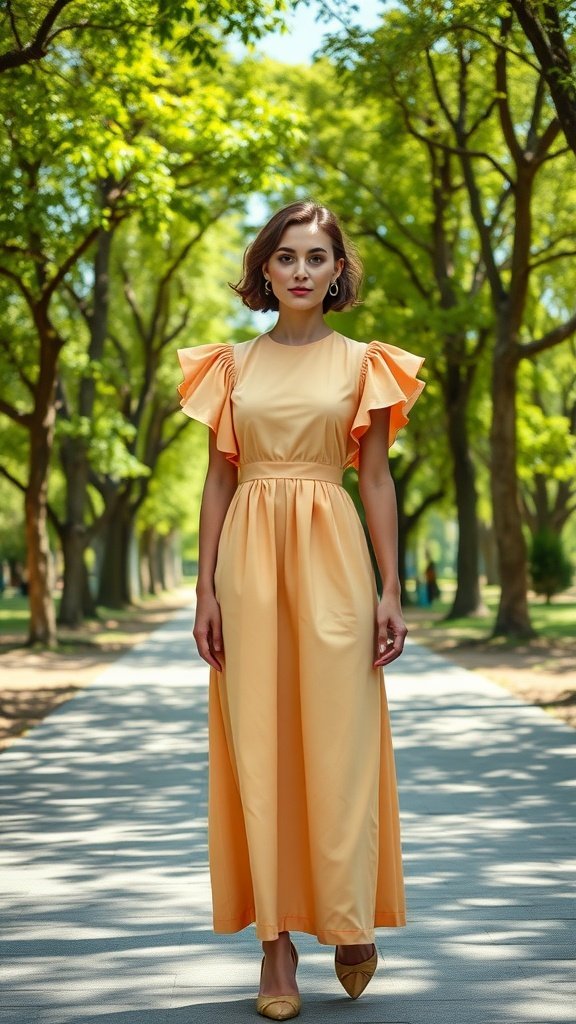 Une femme portant une robe vintage à manches volantées dans un parc ensoleillé